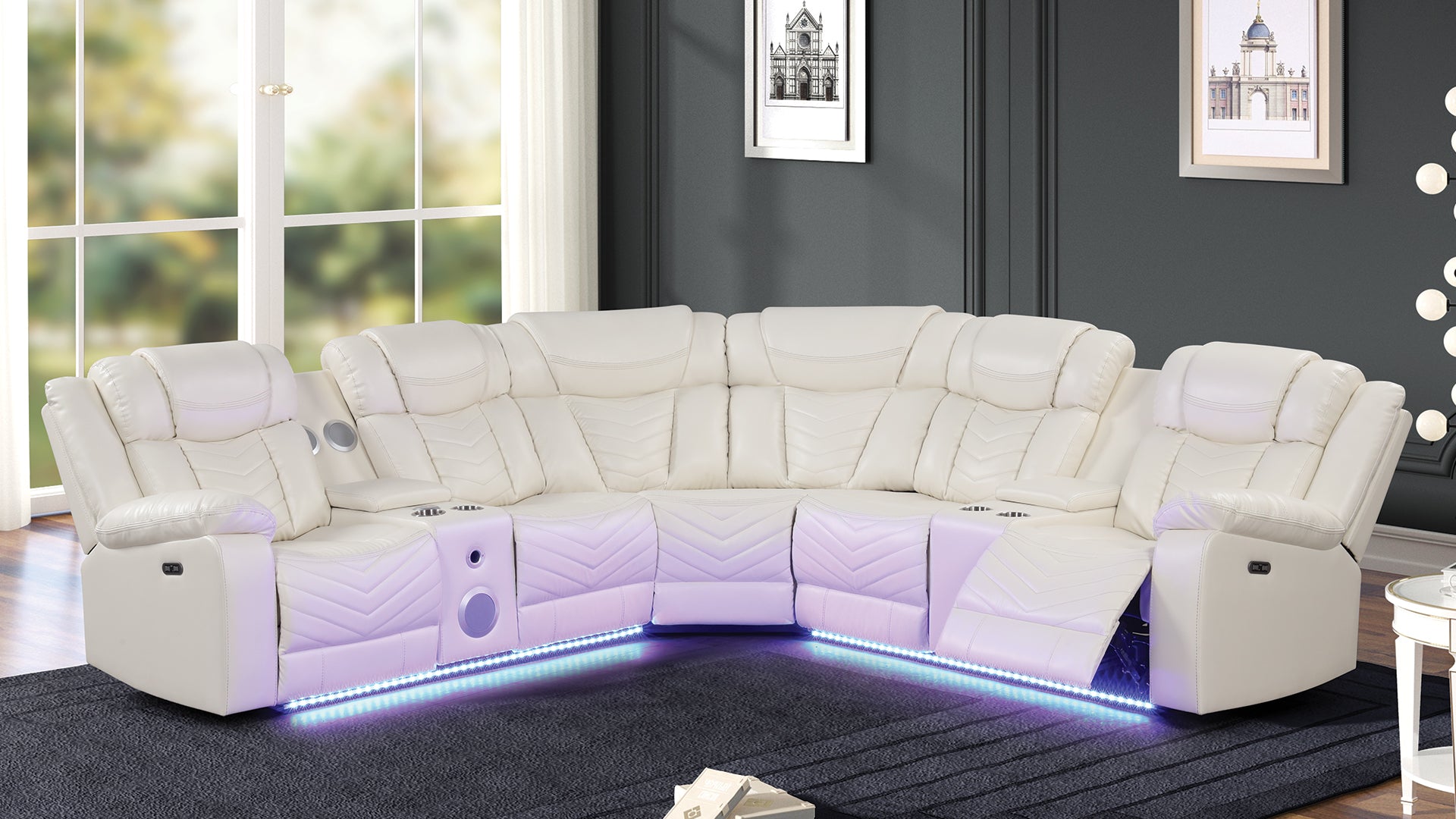 Challenger Modern Style Recliner Sectional Sofa, Built in USB-C Ports & Bluetooth, made with Wood & Faux Leather in Ice(CA INVENTORY)