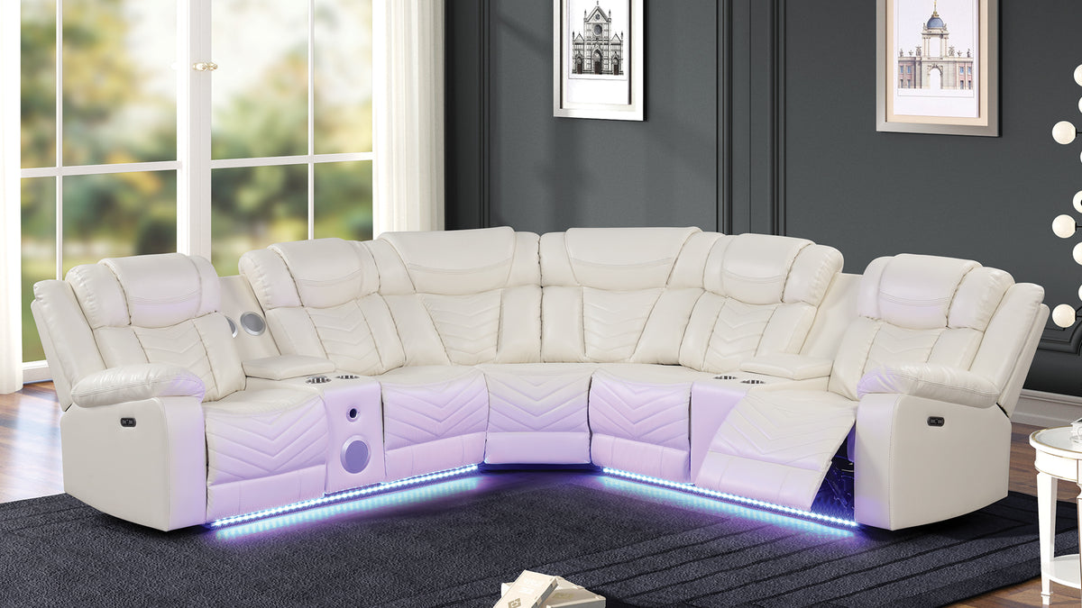 Challenger Modern Style Recliner Sectional Sofa, Built in USB-C Ports & Bluetooth, made with Wood & Faux Leather in Ice(CA INVENTORY)