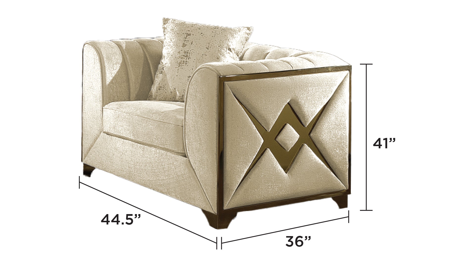 Velencia upholstery, bold gold "X" inlay accents, and elegant tufting 3Pc Modern Living Room Set  in Cream (CA INVENTORY)