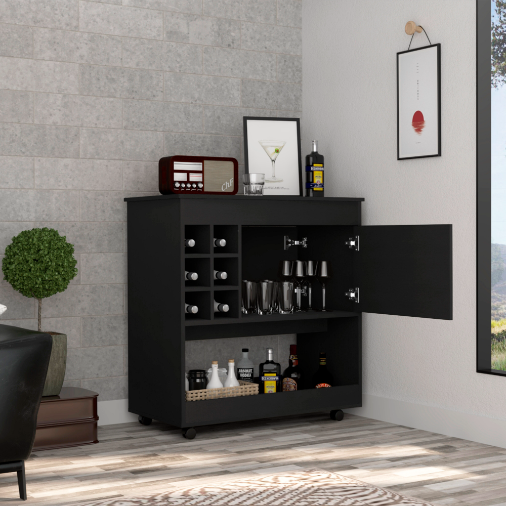 Lotus Bar Cart, Six Bottle Cubbies, One Cabinet, Four Casters, Black