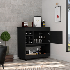 Lotus Bar Cart, Six Bottle Cubbies, One Cabinet, Four Casters, Black