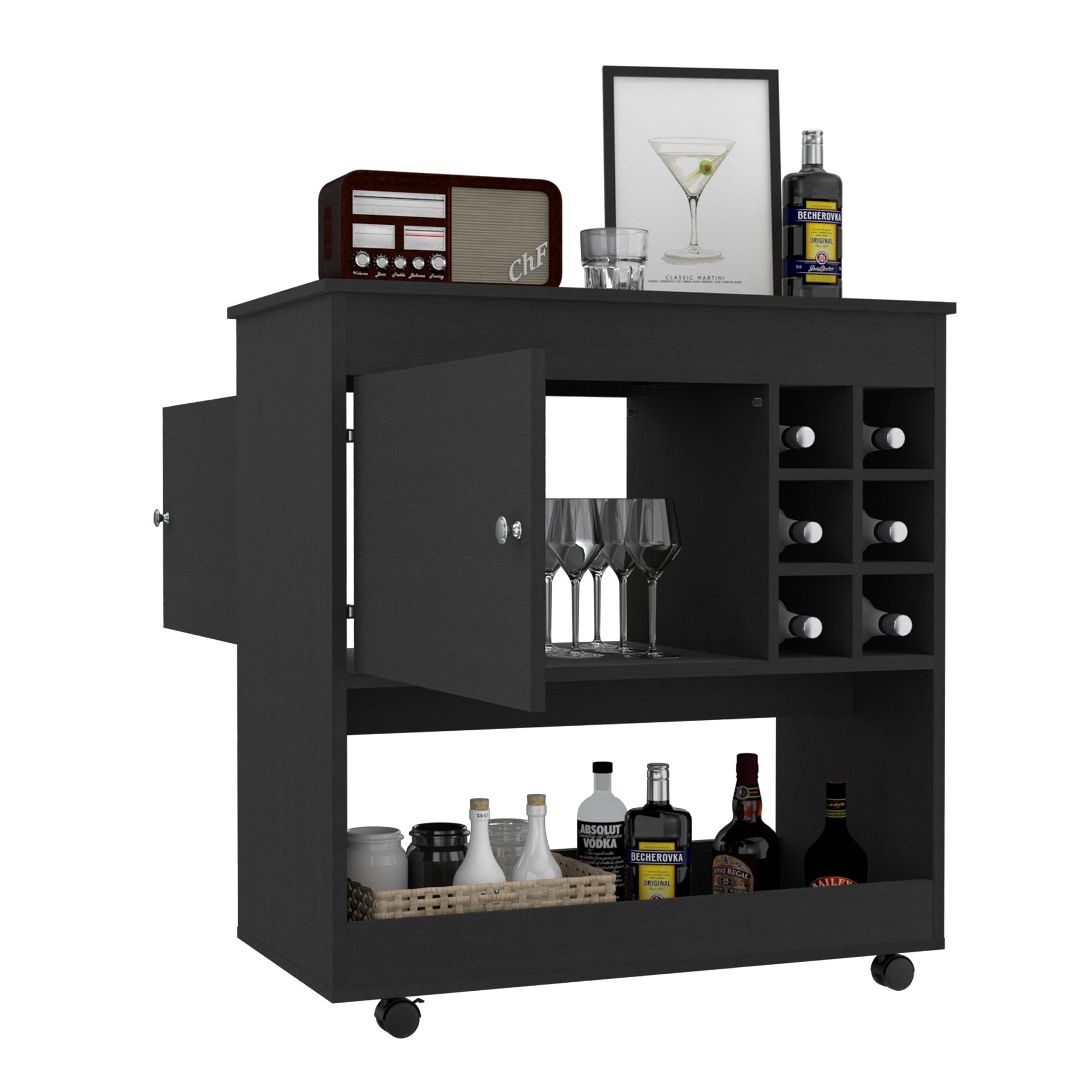 Lotus Bar Cart, Six Bottle Cubbies, One Cabinet, Four Casters, Black