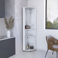 Chicago 75" H Mirrored Corner Bar Cabinet, With Glass Doors, Two Shelves and Stemware White