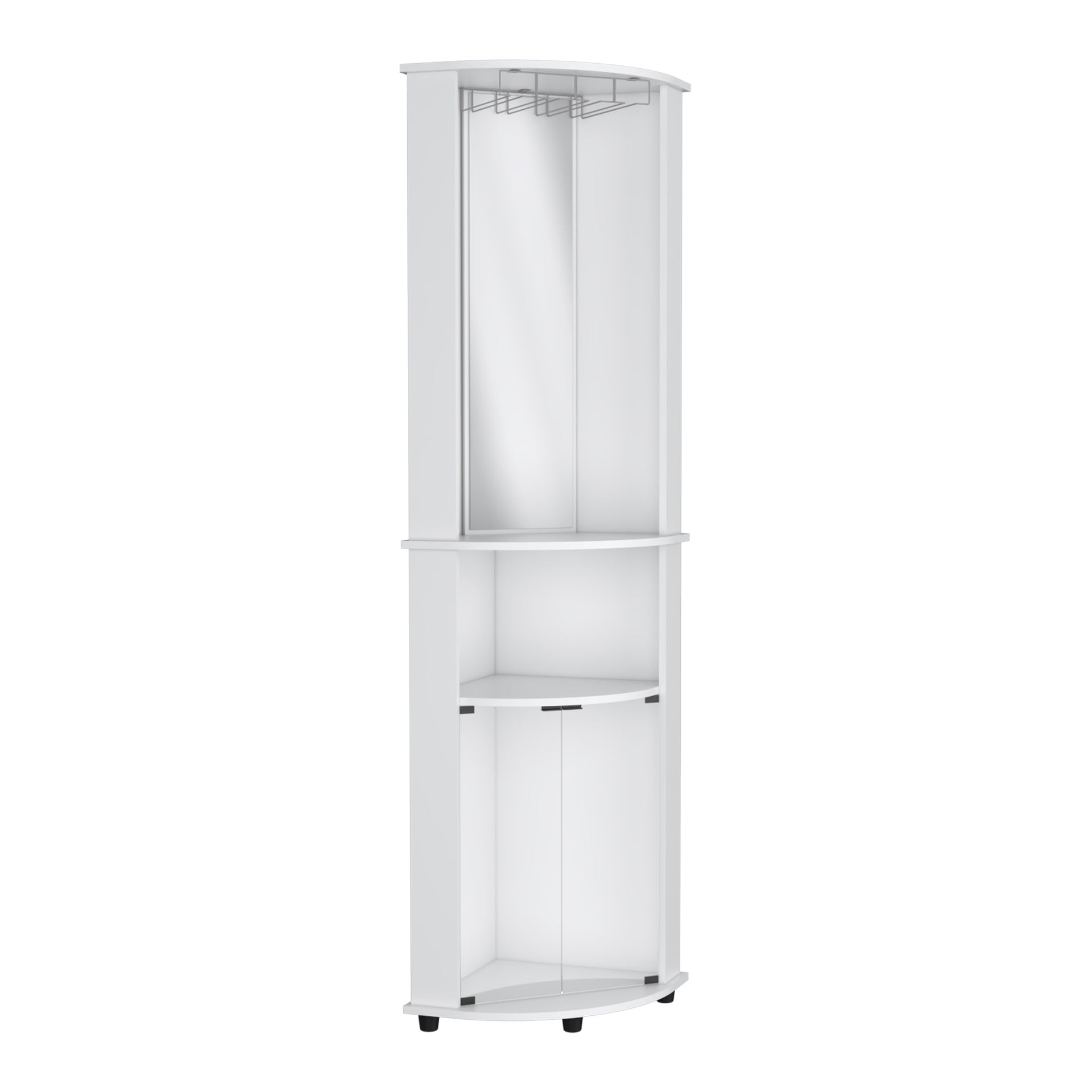 Chicago 75" H Mirrored Corner Bar Cabinet, With Glass Doors, Two Shelves and Stemware White
