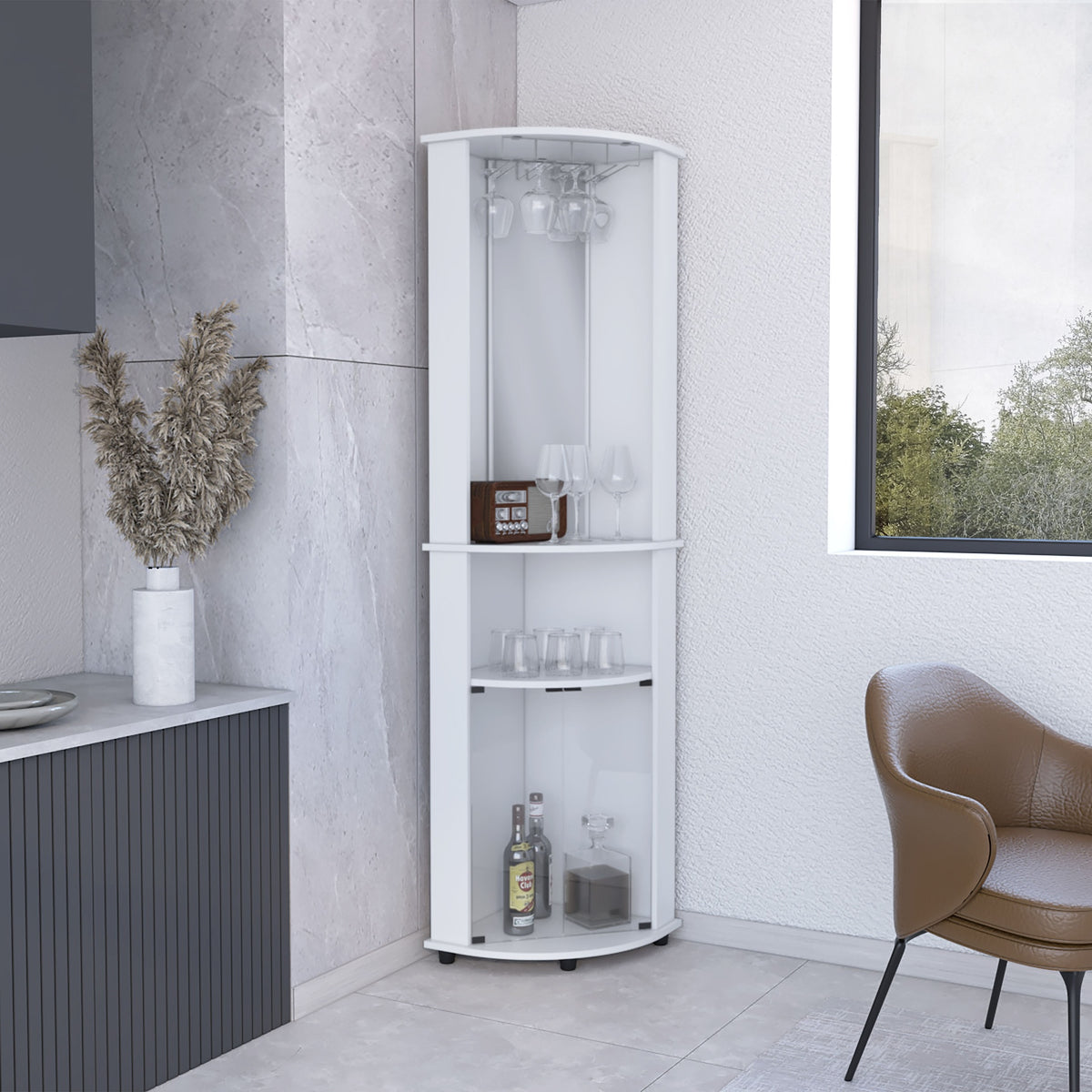Chicago 75" H Mirrored Corner Bar Cabinet, With Glass Doors, Two Shelves and Stemware White