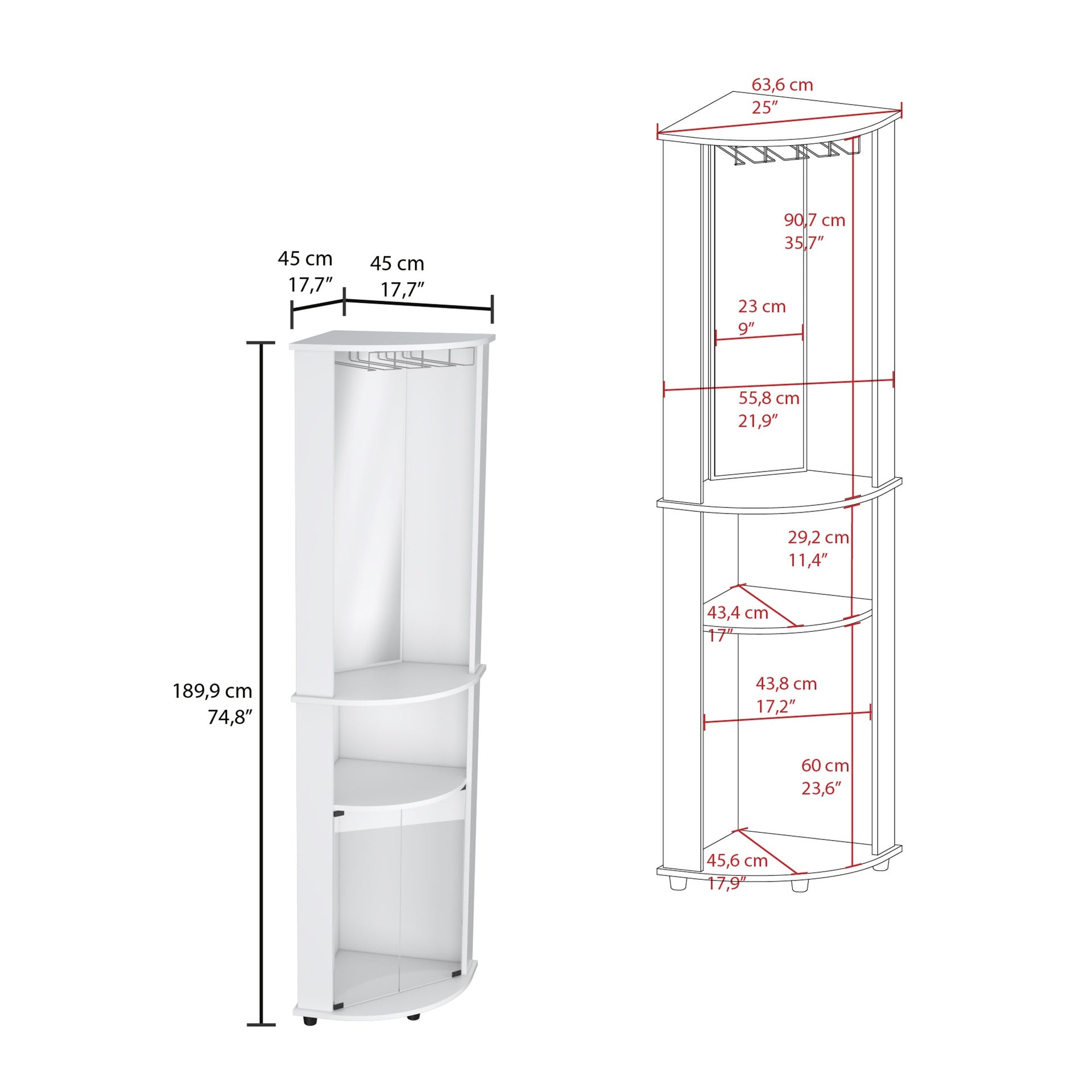 Chicago 75" H Mirrored Corner Bar Cabinet, With Glass Doors, Two Shelves and Stemware White