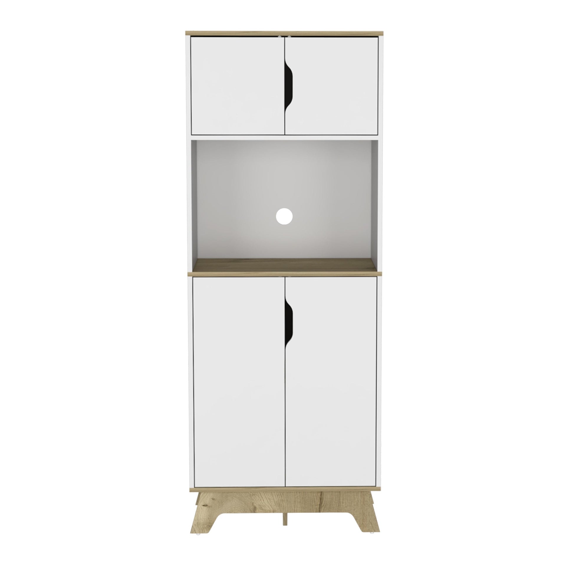 Pamplona Microwave Tall Cabinet Counter Surface, Top And Lower Double Doors Cabinets -Light Oak / White