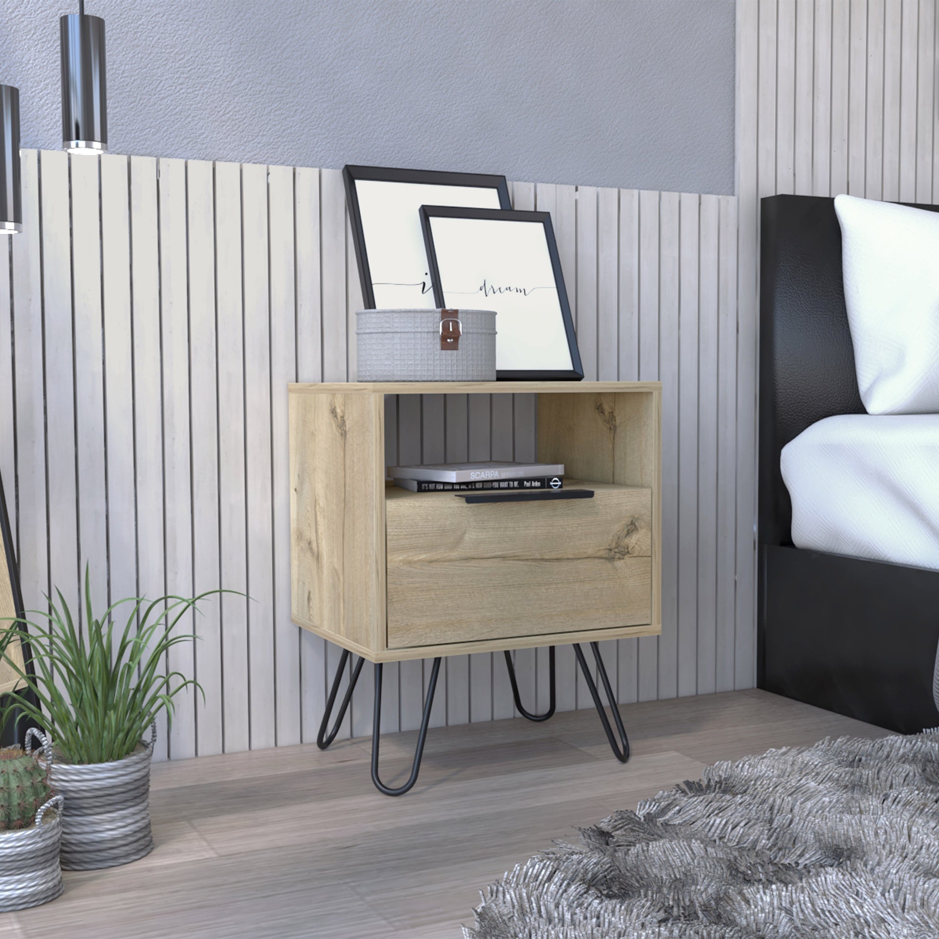 Augusta Nightstand , End Table, Side Table Single Door Cabinet, Hairpin Legs -Light Oak