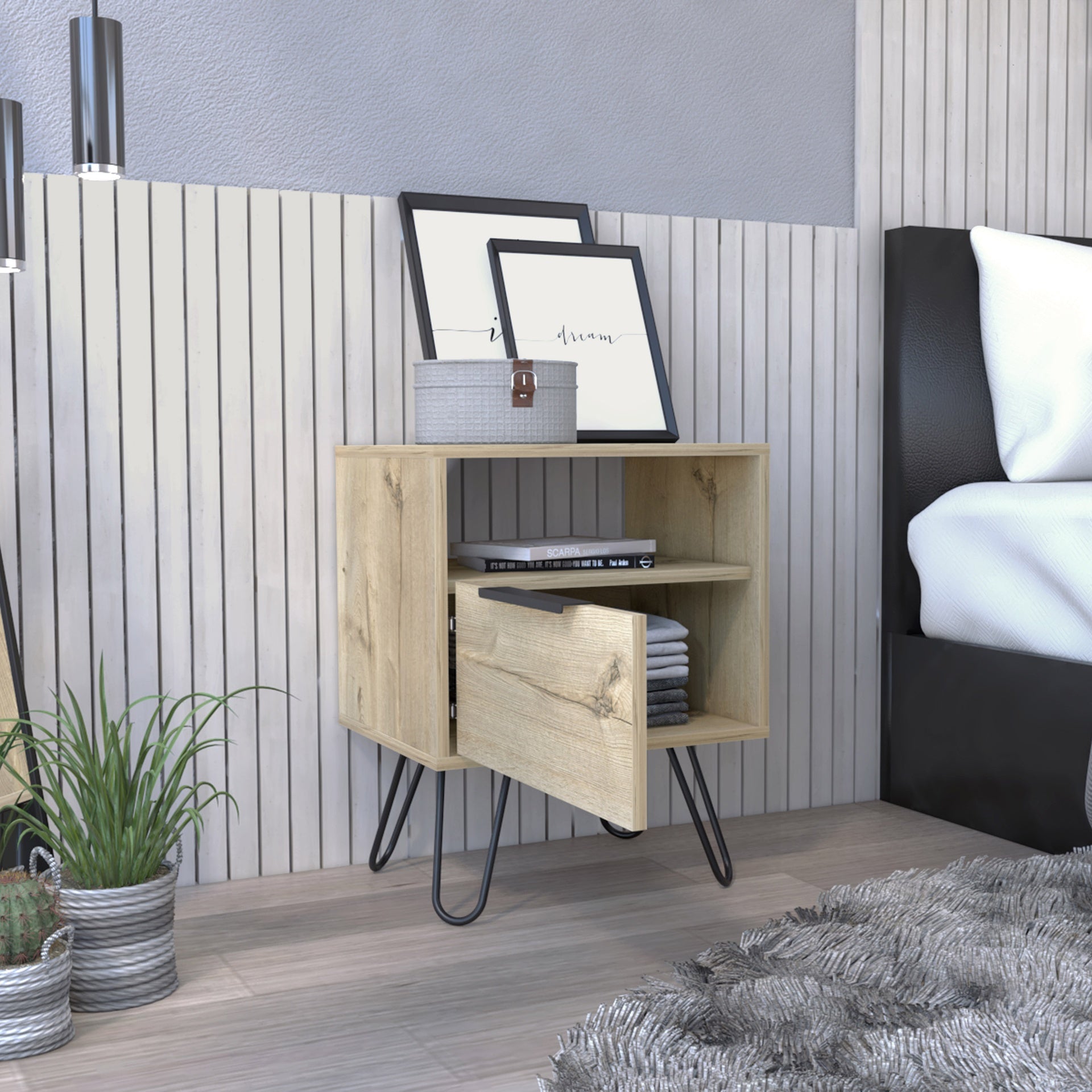 Augusta Nightstand , End Table, Side Table Single Door Cabinet, Hairpin Legs -Light Oak