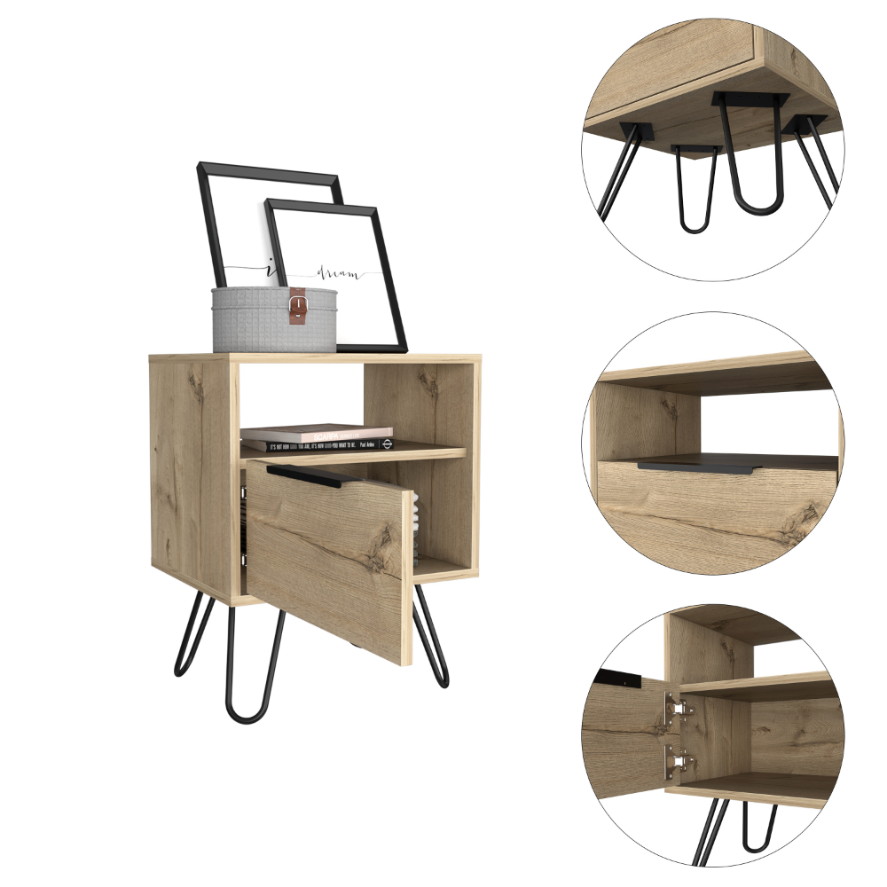 Augusta Nightstand , End Table, Side Table Single Door Cabinet, Hairpin Legs -Light Oak