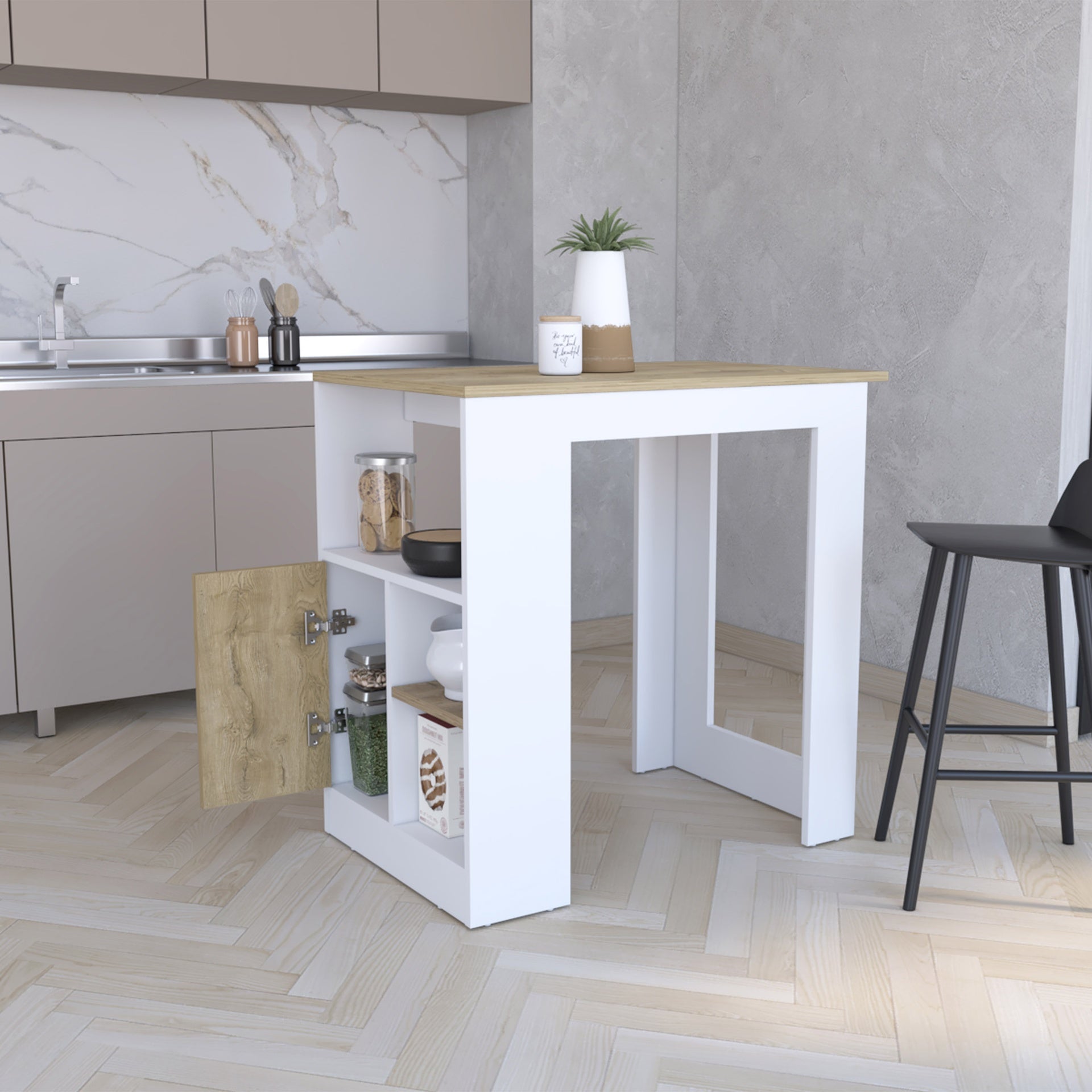 Stirling Kitchen Island with 1-Door Cabinet Push to open System and Side Shelves