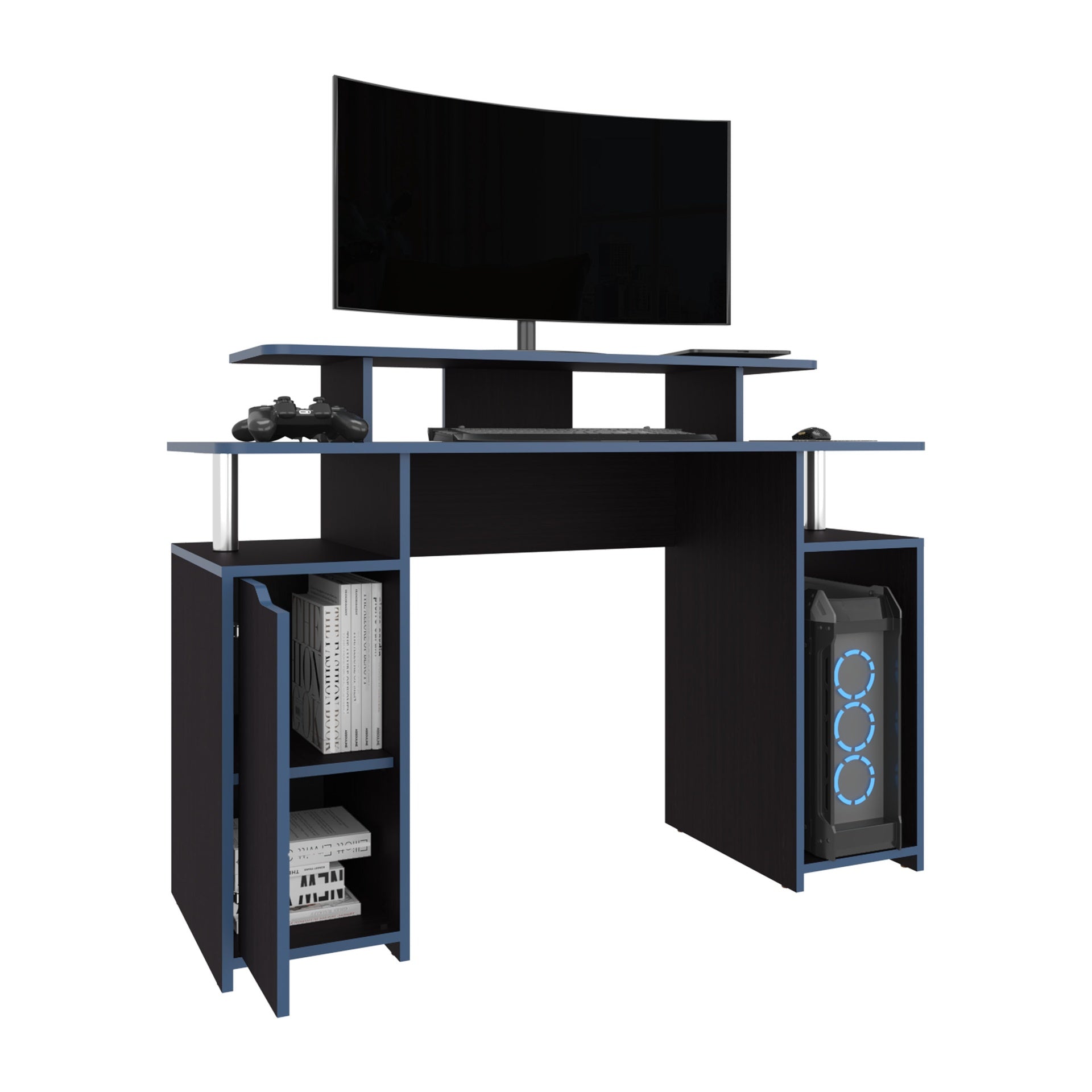 Keria 47" Wide 2-Tier Gamer Desk With Three Shelves And PC Tower Stand, Black