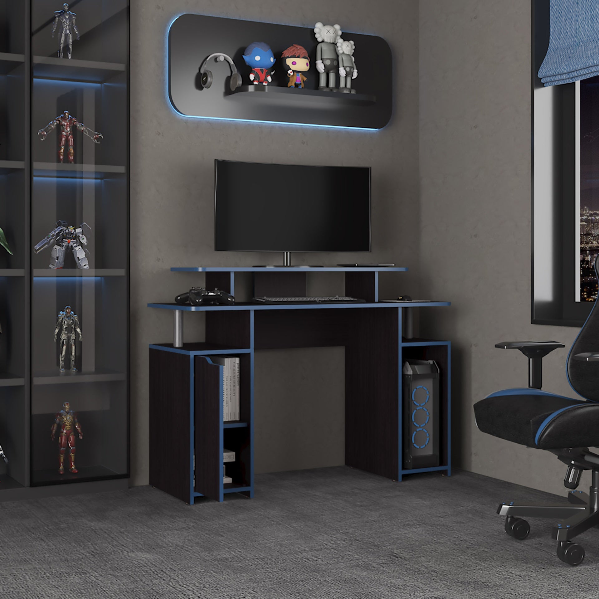Keria 47" Wide 2-Tier Gamer Desk With Three Shelves And PC Tower Stand, Black