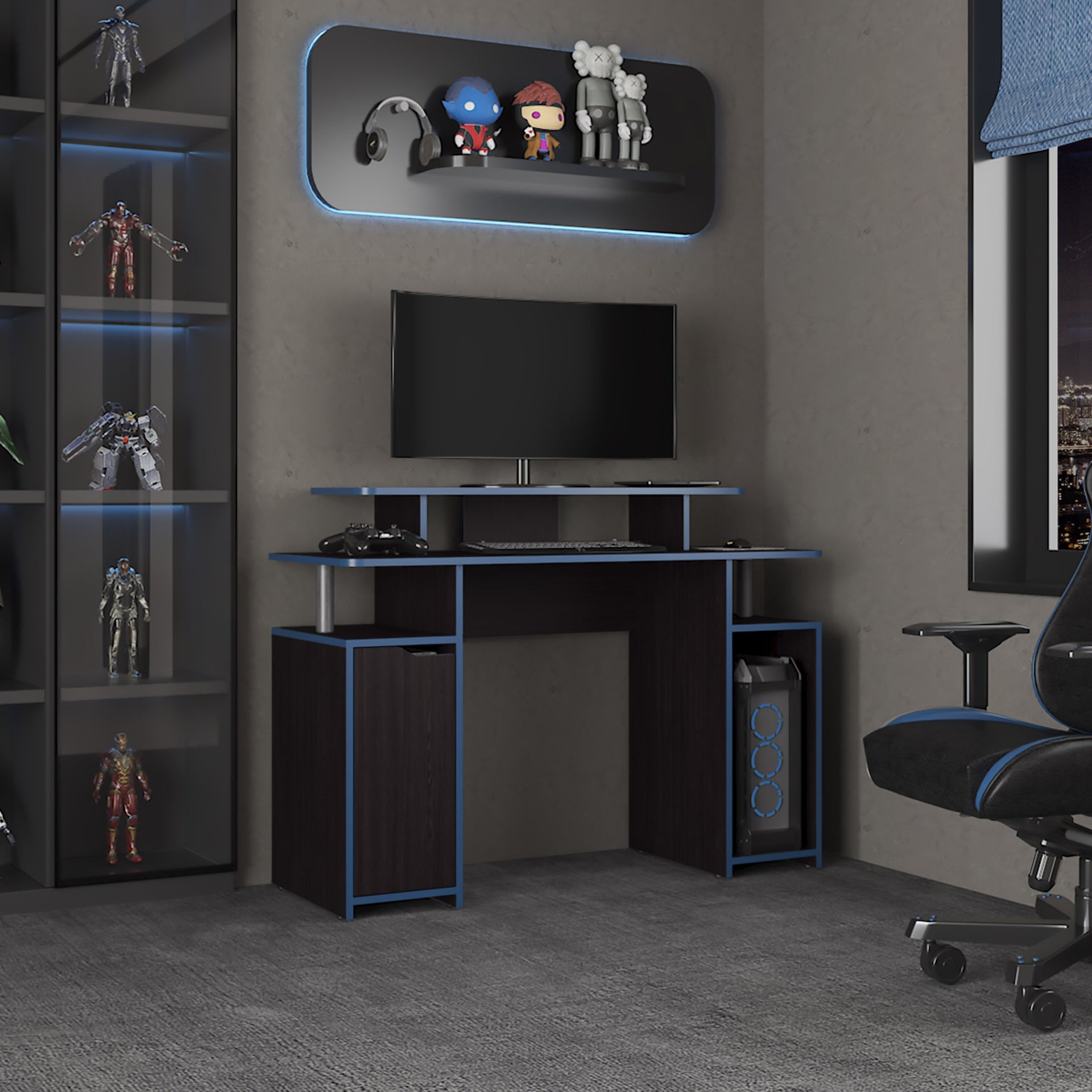 Keria 47" Wide 2-Tier Gamer Desk With Three Shelves And PC Tower Stand, Black