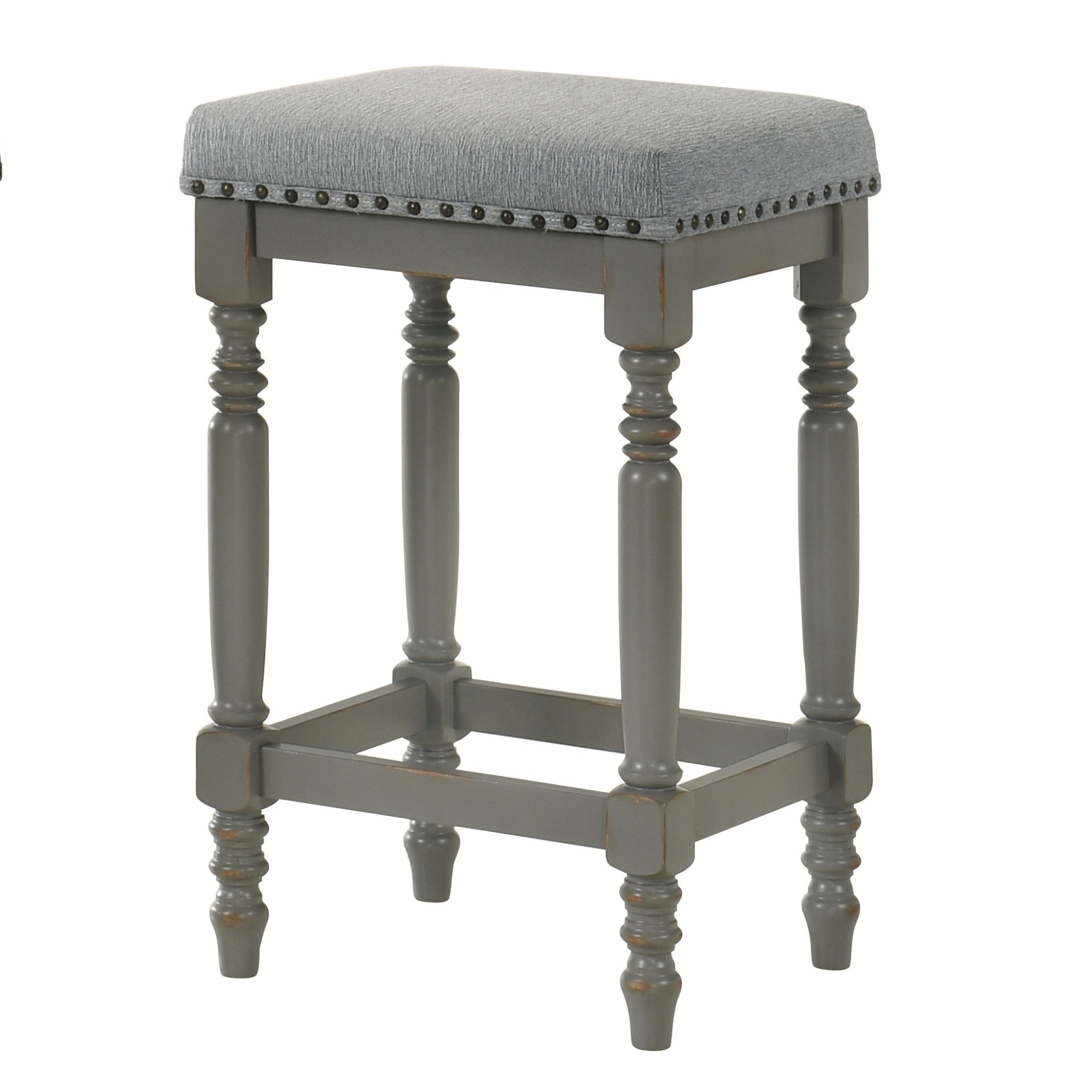 Set of 2 Rustic Wooden Counter Stools, 26-Inch Farmhouse Barstools with Padded Velvet Seat, Nailhead Trim, Distressed Cool Gray Finish & Turned Legs – Counter-Height Kitchen Seating