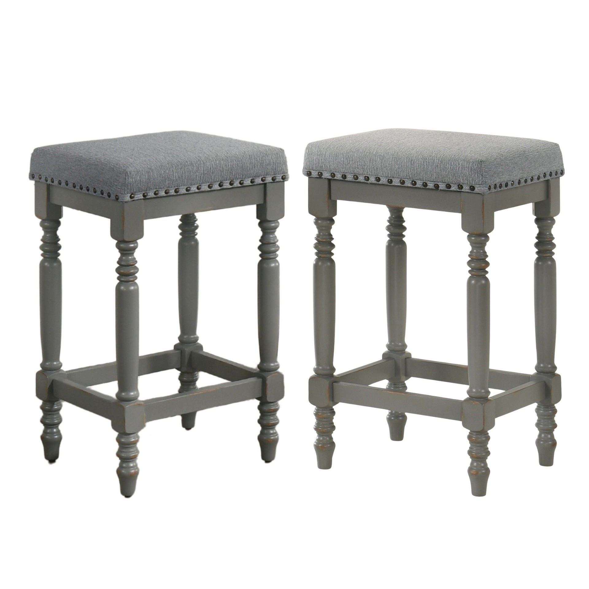 Set of 2 Rustic Wooden Counter Stools, 26-Inch Farmhouse Barstools with Padded Velvet Seat, Nailhead Trim, Distressed Cool Gray Finish & Turned Legs – Counter-Height Kitchen Seating