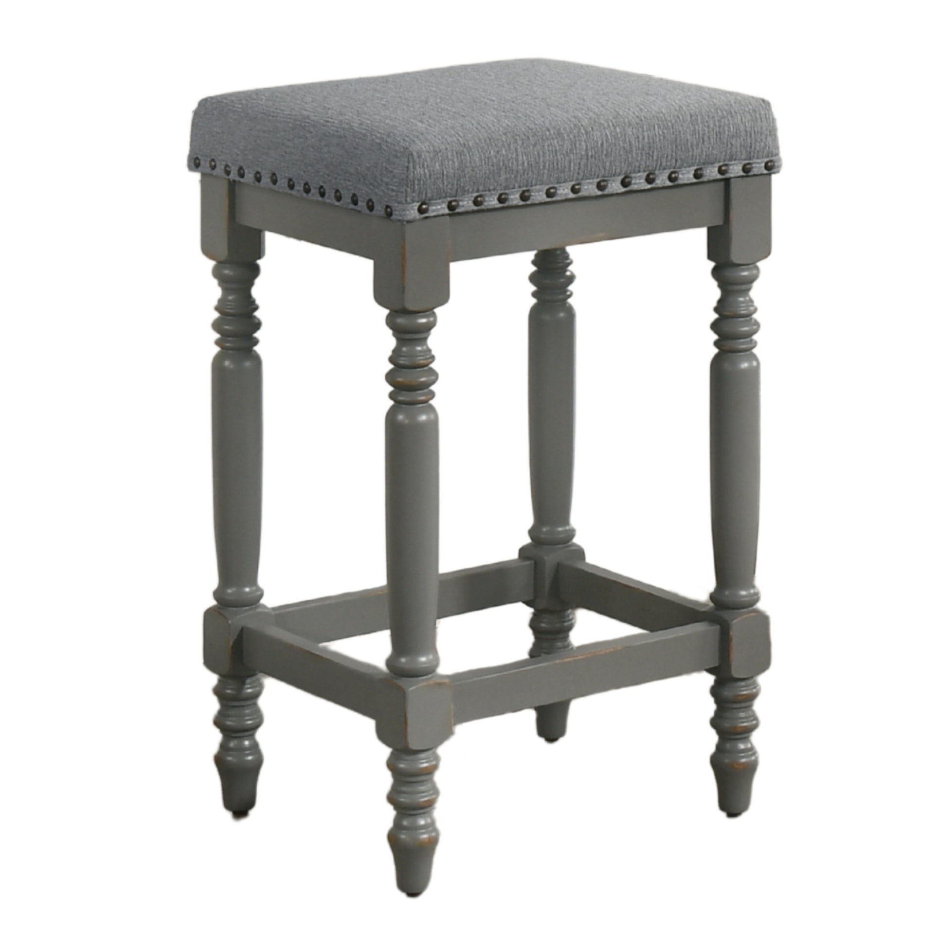 Set of 2 Rustic Wooden Counter Stools, 26-Inch Farmhouse Barstools with Padded Velvet Seat, Nailhead Trim, Distressed Cool Gray Finish & Turned Legs – Counter-Height Kitchen Seating