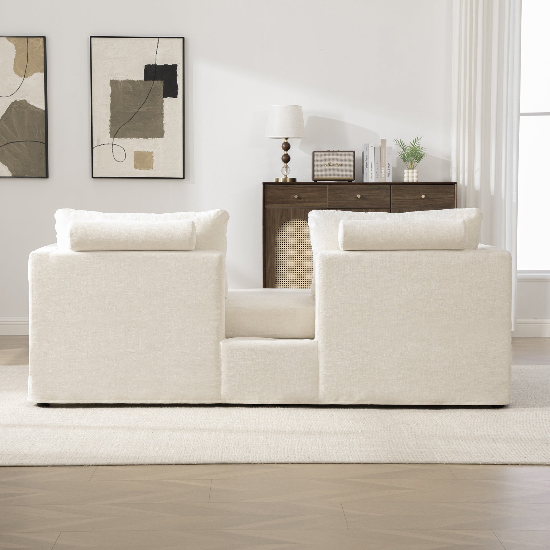 82.68" Wide Extra-large Double-seater Sofa, Chenille Upholstered, With Two Armrest Pillows And Two Backrest Pillows, Suitable For Bedrooms, Living Rooms, And Window Seating.Beige