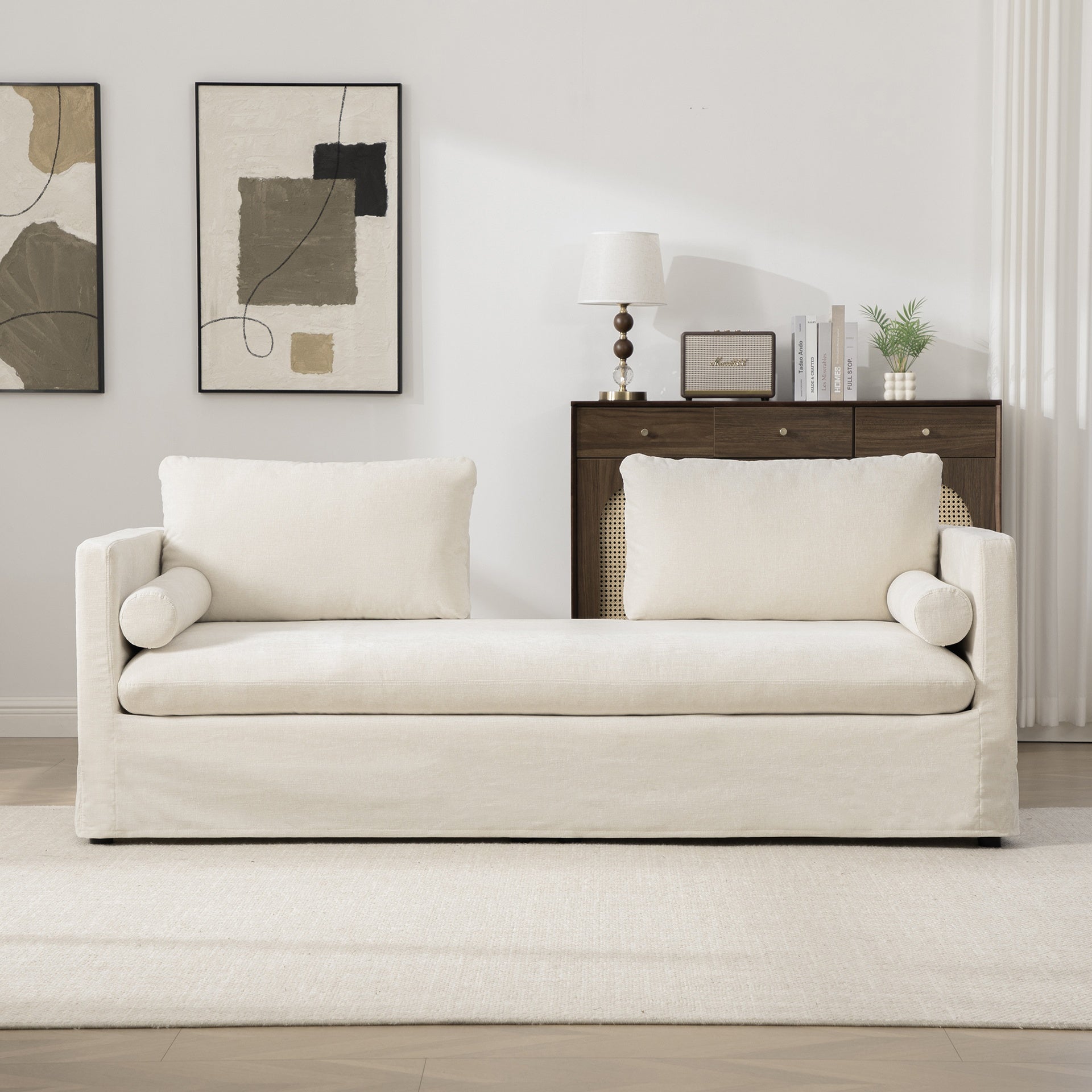 82.68" Wide Extra-large Double-seater Sofa, Chenille Upholstered, With Two Armrest Pillows And Two Backrest Pillows, Suitable For Bedrooms, Living Rooms, And Window Seating.Beige