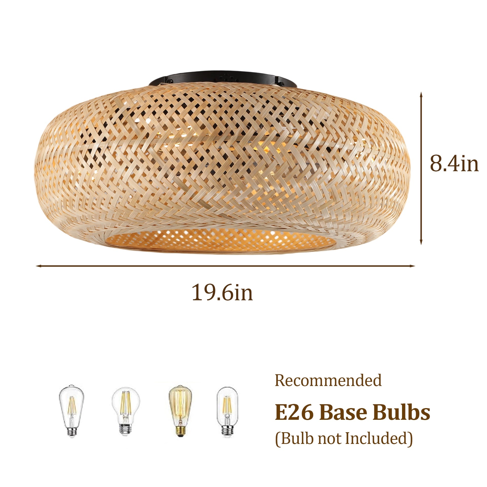 19" Rattan Ceiling Fan with 4 Bulbs, Dimmable, Remote Control,7 Blades, Reversible DC Motor