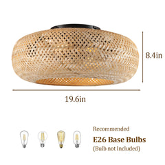 19" Rattan Ceiling Fan with 4 Bulbs, Dimmable, Remote Control,7 Blades, Reversible DC Motor