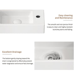 Wall-Mounted Ceramic Bathroom Sink 14.57" x 7.09" x 3.54" - White Porcelain Vessel Basin with Silver Color Faucet & Drain, Space-Saving Design for Small Bathroom, Powder Room(H8315-SET)