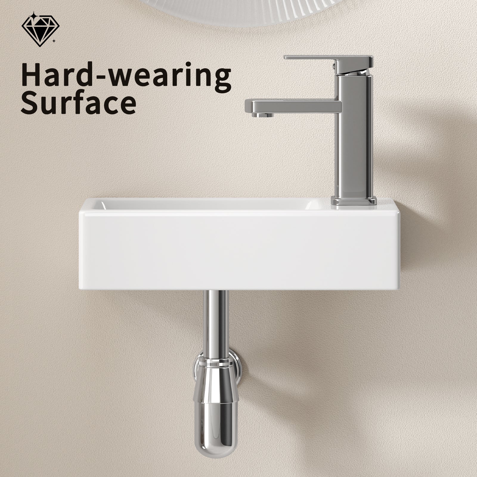 Wall-Mounted Ceramic Bathroom Sink 14.57" x 7.09" x 3.54" - White Porcelain Vessel Basin with Silver Color Faucet & Drain, Space-Saving Design for Small Bathroom, Powder Room(H8315-SET)