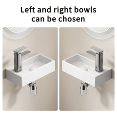 Wall-Mounted Ceramic Bathroom Sink 14.57" x 7.09" x 3.54" - White Porcelain Vessel Basin with Silver Color Faucet & Drain, Space-Saving Design for Small Bathroom, Powder Room(H8315-SET)