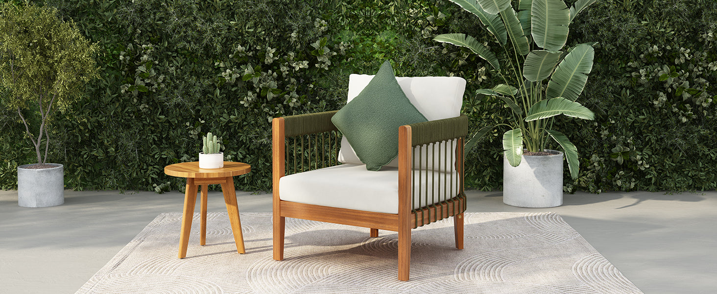 Acacia Wood Outdoor Club Chair with Handwoven Rope Accents & Curved Backrest - Water-Resistant Boho Patio Lounge Chair with Removable Cushions for Porch, Garden