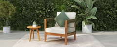 Acacia Wood Outdoor Club Chair with Handwoven Rope Accents & Curved Backrest - Water-Resistant Boho Patio Lounge Chair with Removable Cushions for Porch, Garden