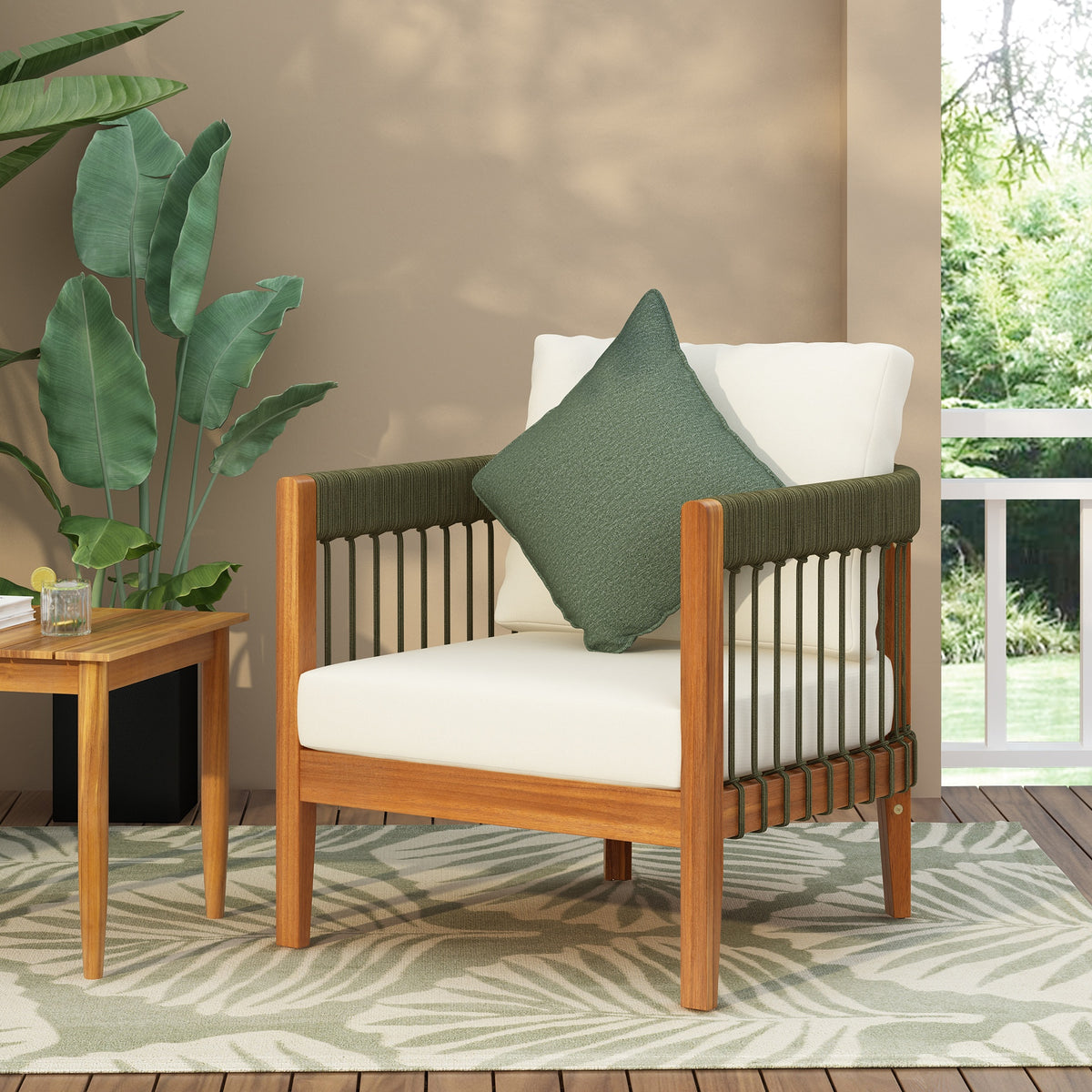 Acacia Wood Outdoor Club Chair with Handwoven Rope Accents & Curved Backrest - Water-Resistant Boho Patio Lounge Chair with Removable Cushions for Porch, Garden