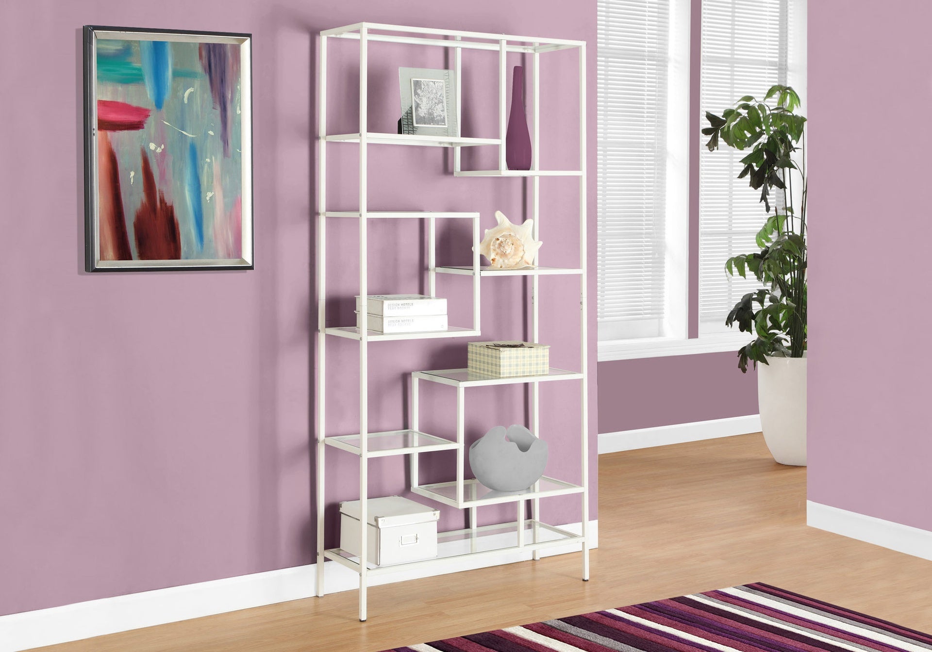 Bookshelf, Bookcase, Etagere, 72"h, Office, Bedroom, Clear Tempered Glass, White Metal, Contemporary, Modern