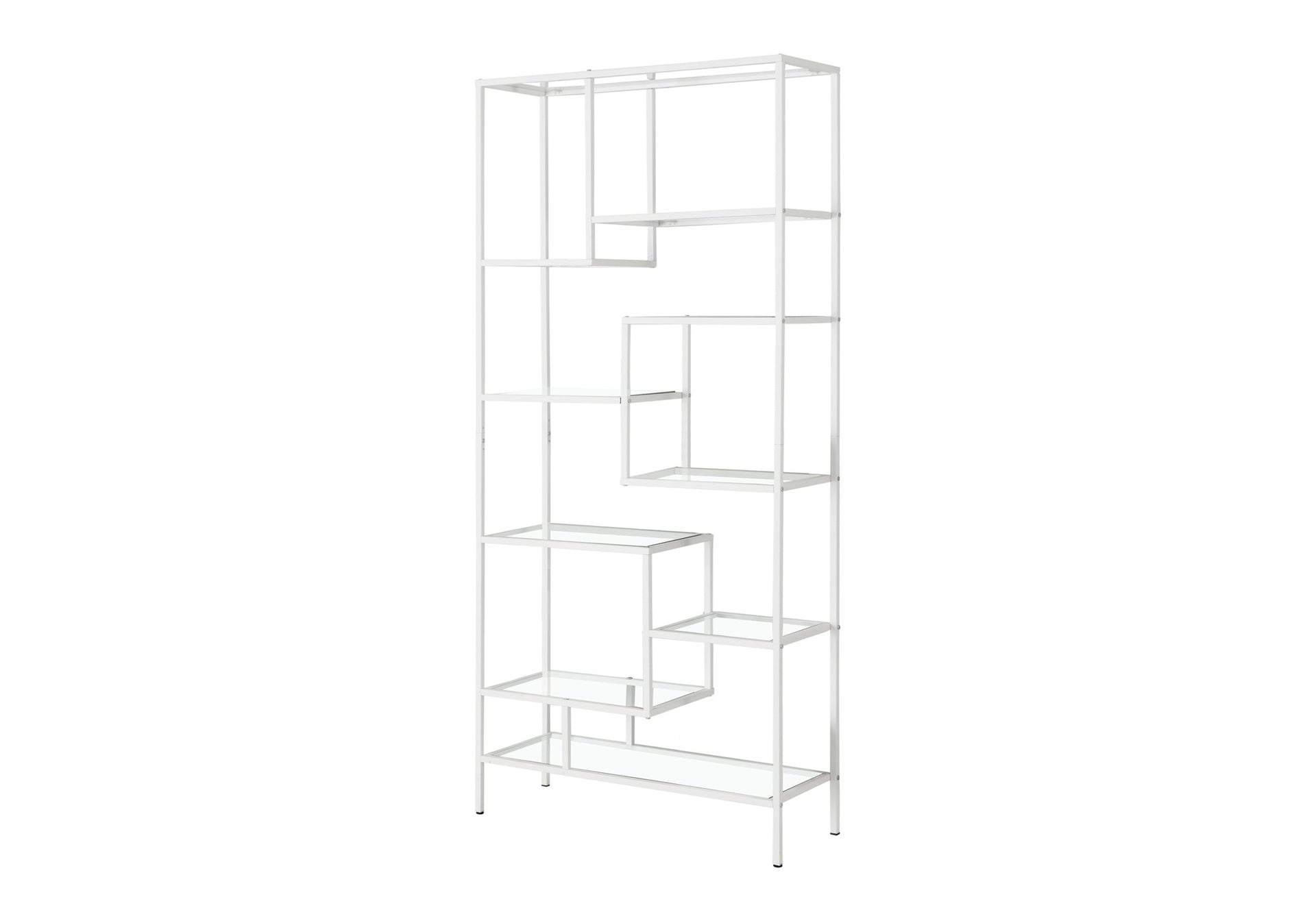 Bookshelf, Bookcase, Etagere, 72"h, Office, Bedroom, Clear Tempered Glass, White Metal, Contemporary, Modern
