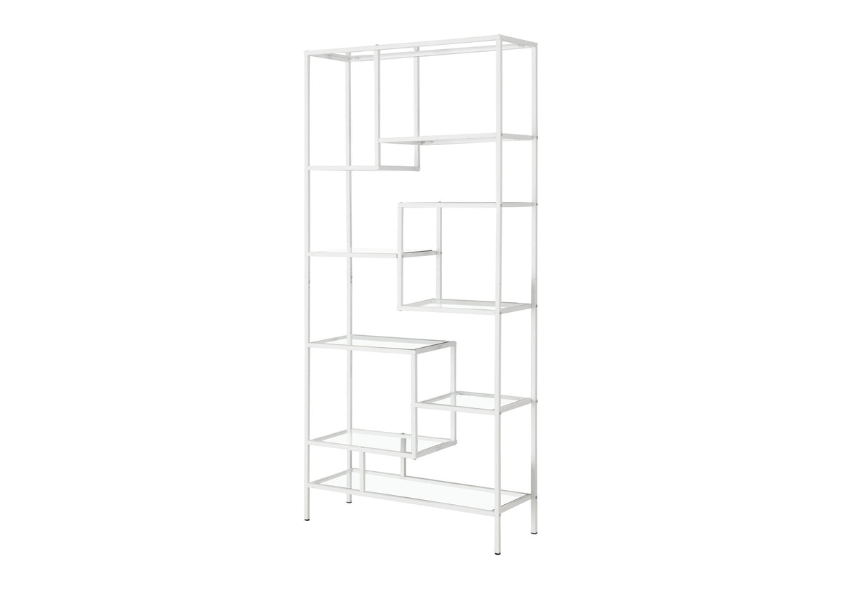 Bookshelf, Bookcase, Etagere, 72"h, Office, Bedroom, Clear Tempered Glass, White Metal, Contemporary, Modern