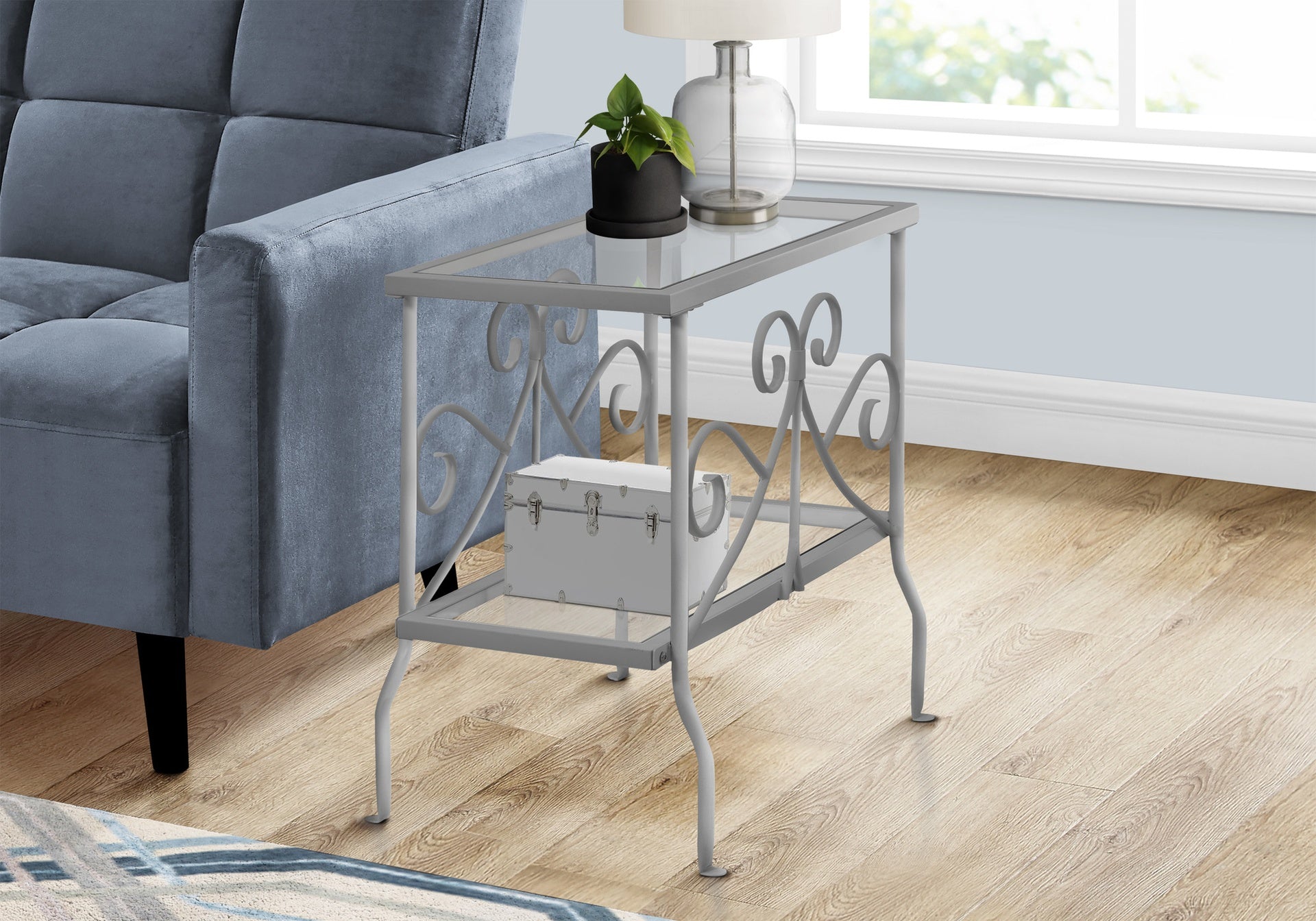 Accent Table, Side, End, Nightstand, Lamp, Living Room, Bedroom, Clear Tempered Glass, Grey Metal, Traditional