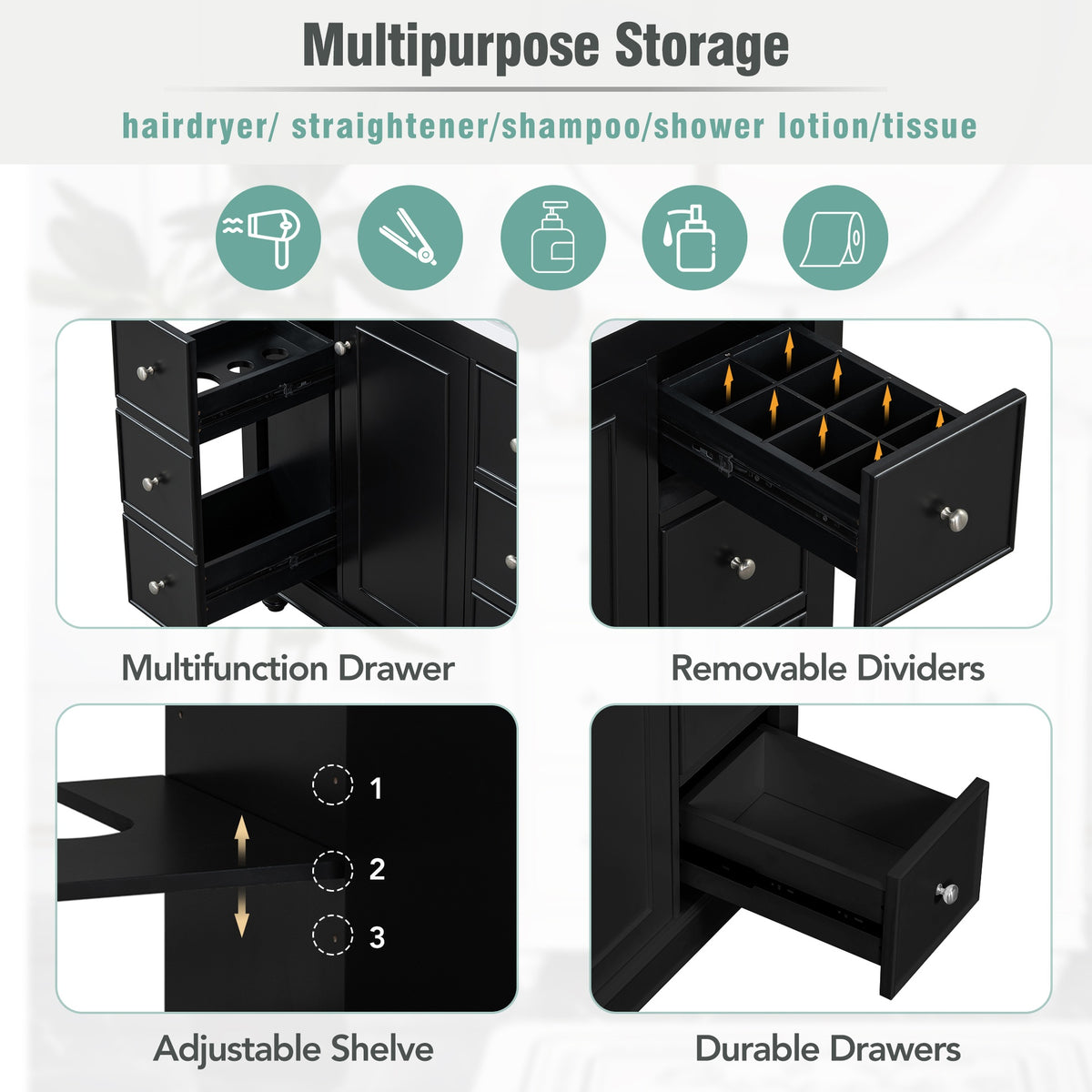 Contemporary Black Bathroom Vanity Cabinet - 36x18x34 inches, 4 Drawers & 1 Cabinet Door, Multipurpose Storage, Resin Integrated Sink, Adjustable Shelves, Solid Wood Frame with MDF