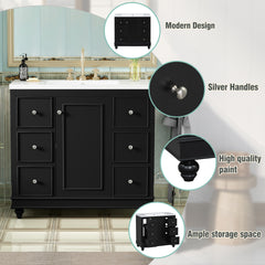 Contemporary Black Bathroom Vanity Cabinet - 36x18x34 inches, 4 Drawers & 1 Cabinet Door, Multipurpose Storage, Resin Integrated Sink, Adjustable Shelves, Solid Wood Frame with MDF