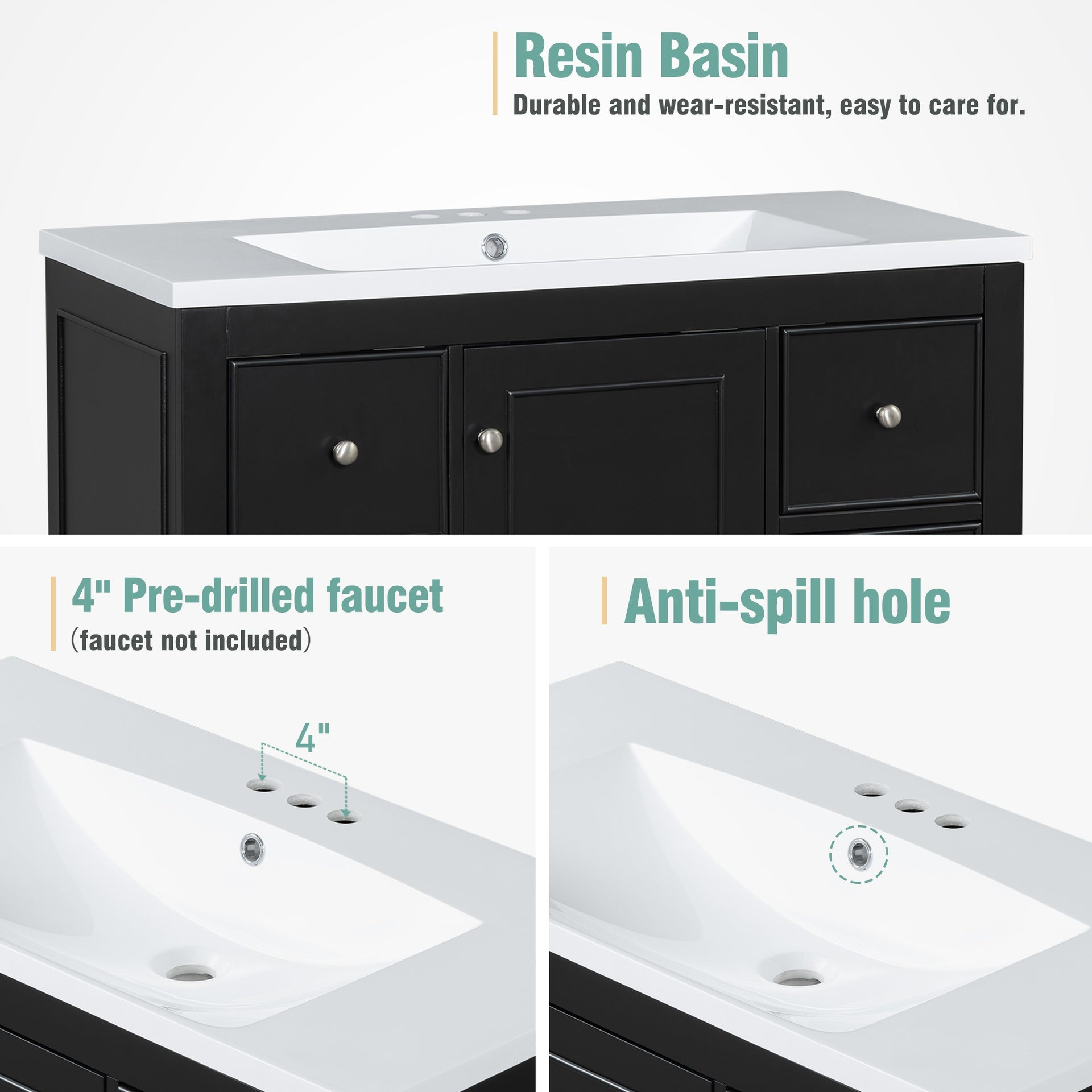 Contemporary Black Bathroom Vanity Cabinet - 36x18x34 inches, 4 Drawers & 1 Cabinet Door, Multipurpose Storage, Resin Integrated Sink, Adjustable Shelves, Solid Wood Frame with MDF