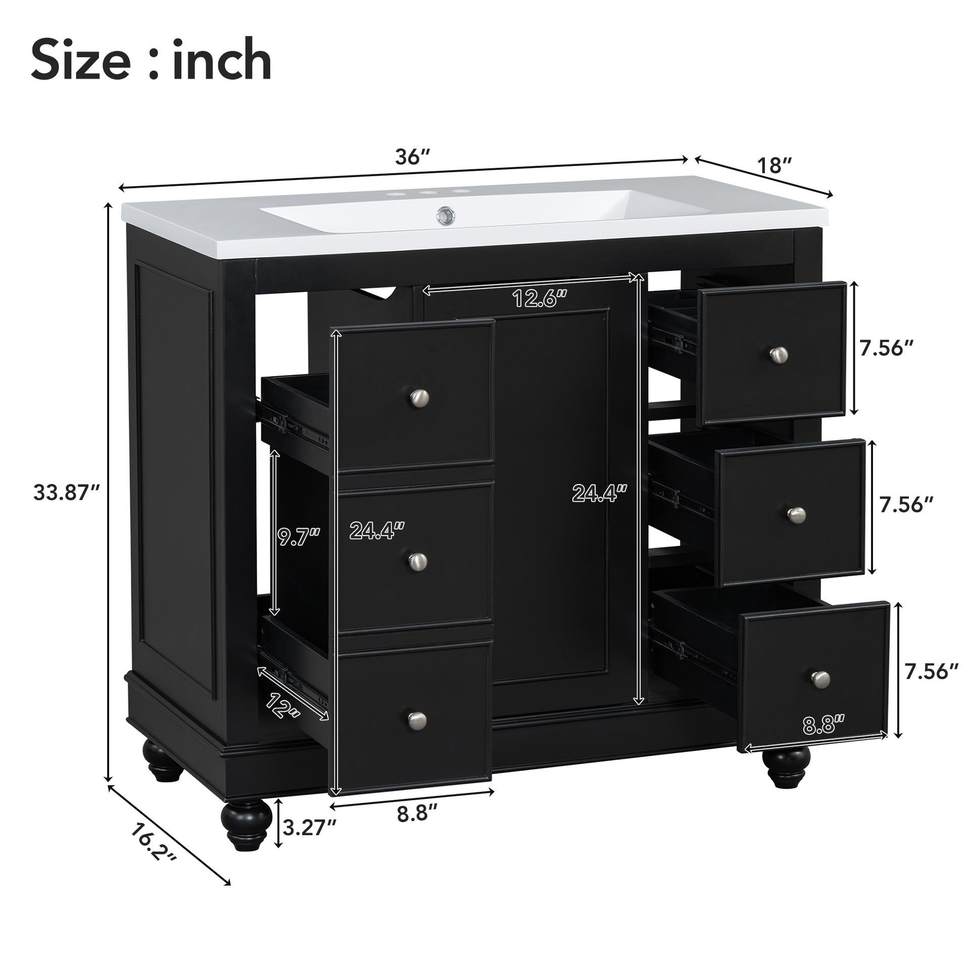 Contemporary Black Bathroom Vanity Cabinet - 36x18x34 inches, 4 Drawers & 1 Cabinet Door, Multipurpose Storage, Resin Integrated Sink, Adjustable Shelves, Solid Wood Frame with MDF
