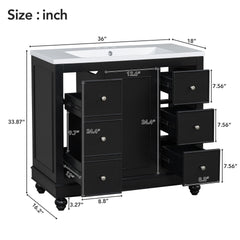 Contemporary Black Bathroom Vanity Cabinet - 36x18x34 inches, 4 Drawers & 1 Cabinet Door, Multipurpose Storage, Resin Integrated Sink, Adjustable Shelves, Solid Wood Frame with MDF
