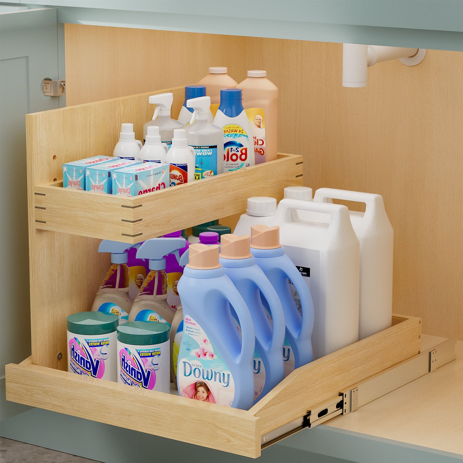 Under Sink Organizers and Storage 22½" W x 21" D, 2 Tier Pull Out Cabinet Organizer with Soft Close, Adjustable Pull Out Cabinet organizer with U Bracket for Bathroom Kitchen(Left)