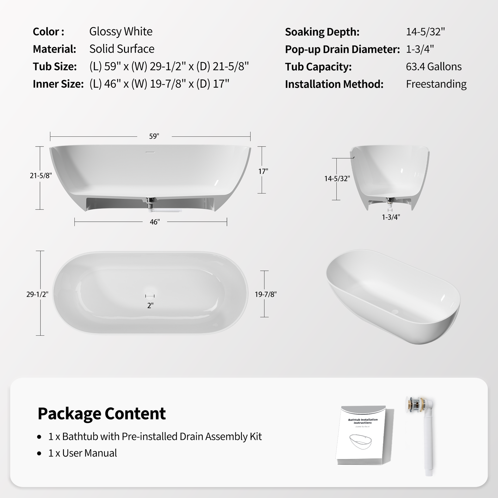 59" Freestanding Solid Surface Bathtub, Luxury Stone Resin Freestanding Soaking Bathtub with Overflow and Pop-up Drain for Contemporary Bathroom, Glossy White TH-25S03-59GW