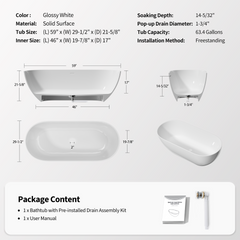 59" Freestanding Solid Surface Bathtub, Luxury Stone Resin Freestanding Soaking Bathtub with Overflow and Pop-up Drain for Contemporary Bathroom, Glossy White TH-25S03-59GW