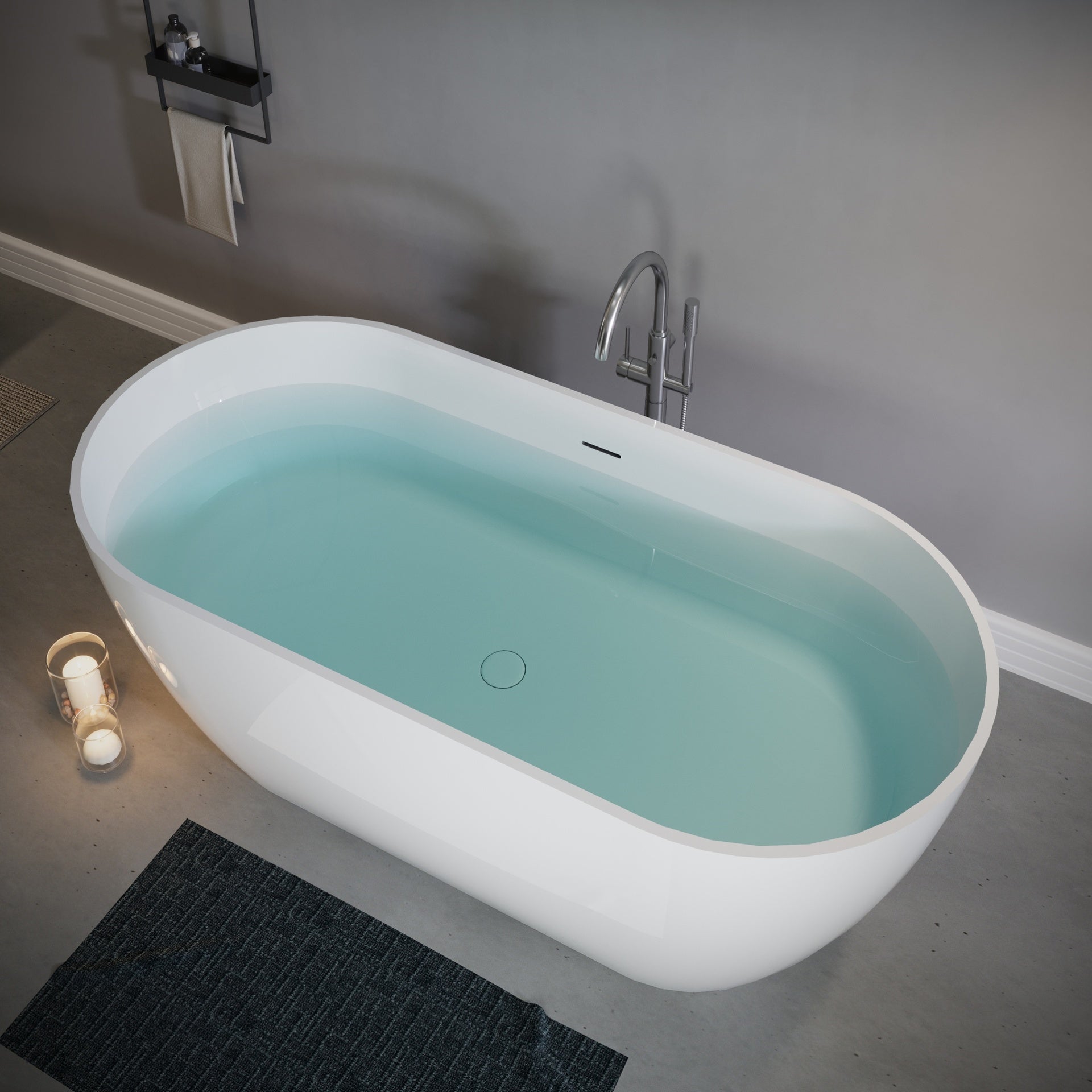 59" Freestanding Solid Surface Bathtub, Luxury Stone Resin Freestanding Soaking Bathtub with Overflow and Pop-up Drain for Contemporary Bathroom, Glossy White TH-25S03-59GW