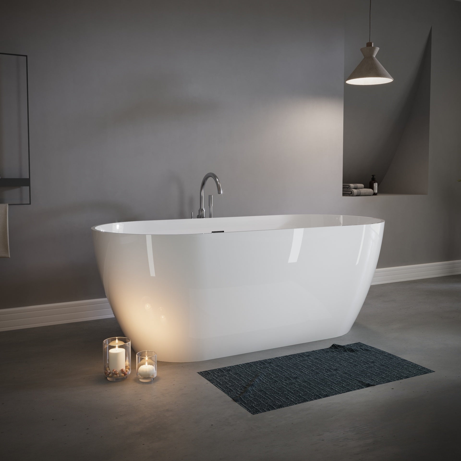 59" Freestanding Solid Surface Bathtub, Luxury Stone Resin Freestanding Soaking Bathtub with Overflow and Pop-up Drain for Contemporary Bathroom, Glossy White TH-25S03-59GW