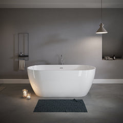 59" Freestanding Solid Surface Bathtub, Luxury Stone Resin Freestanding Soaking Bathtub with Overflow and Pop-up Drain for Contemporary Bathroom, Glossy White TH-25S03-59GW