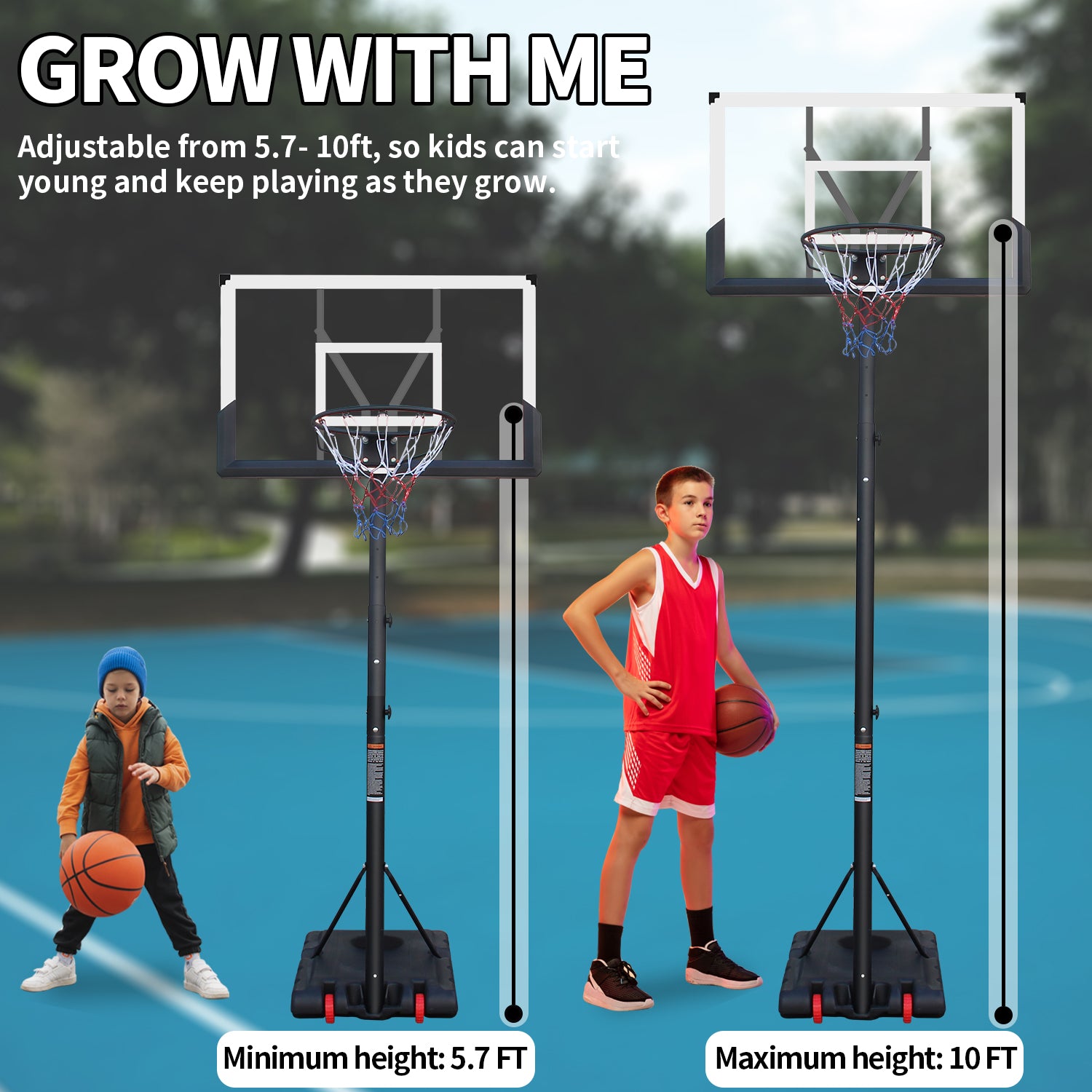 Use for Outdoor Height Adjustable 5.7 to 10ft Basketball Hoop 44 Inch Backboard Portable Basketball Goal System with Stable Base and Wheels