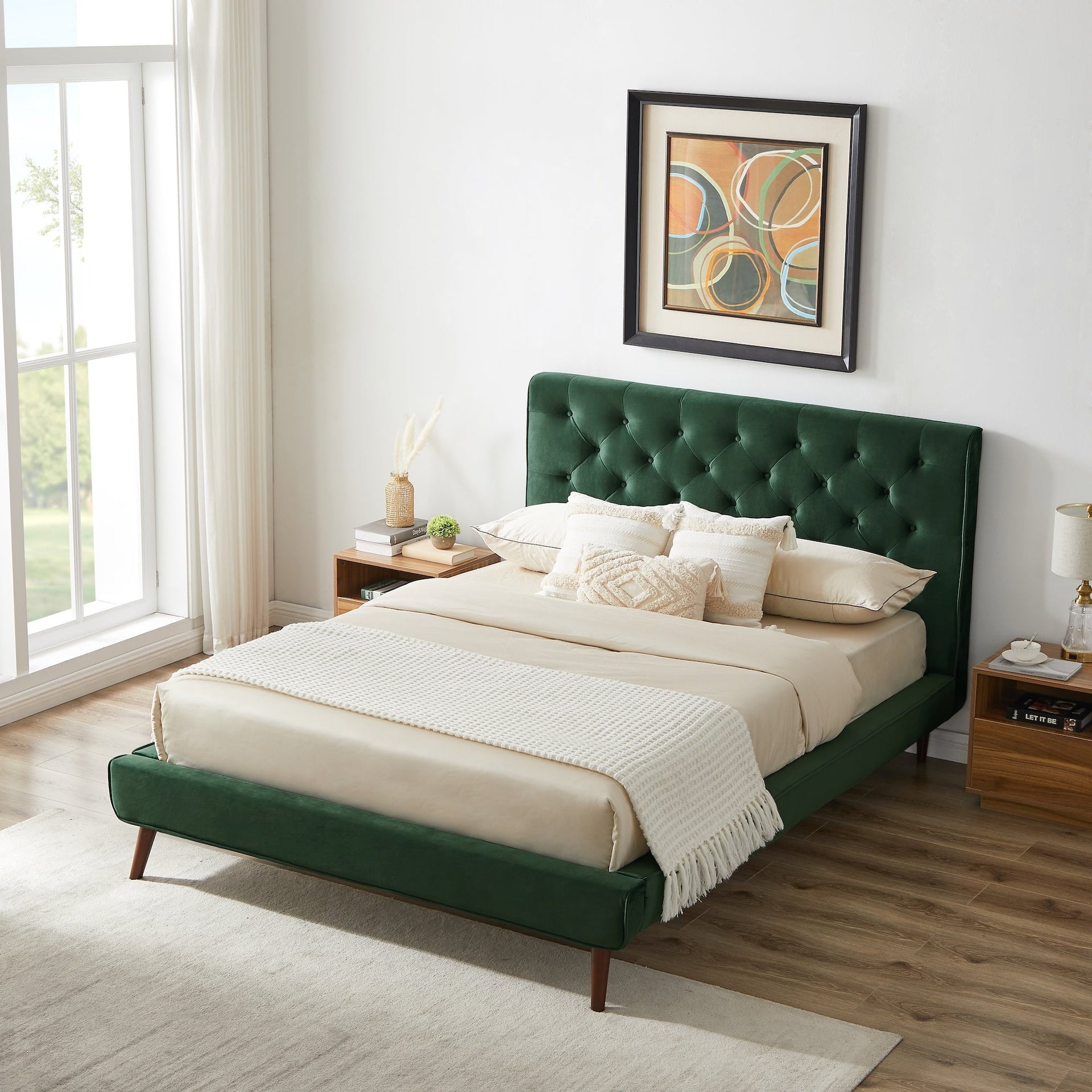 Dillon  Dark Green Velvet Platform Bed (Queen Size)