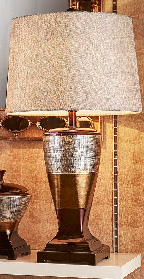 30" Tall Polyresin Table Lamp "Naomi" with Egyptian Design, Silvery Linen Shade