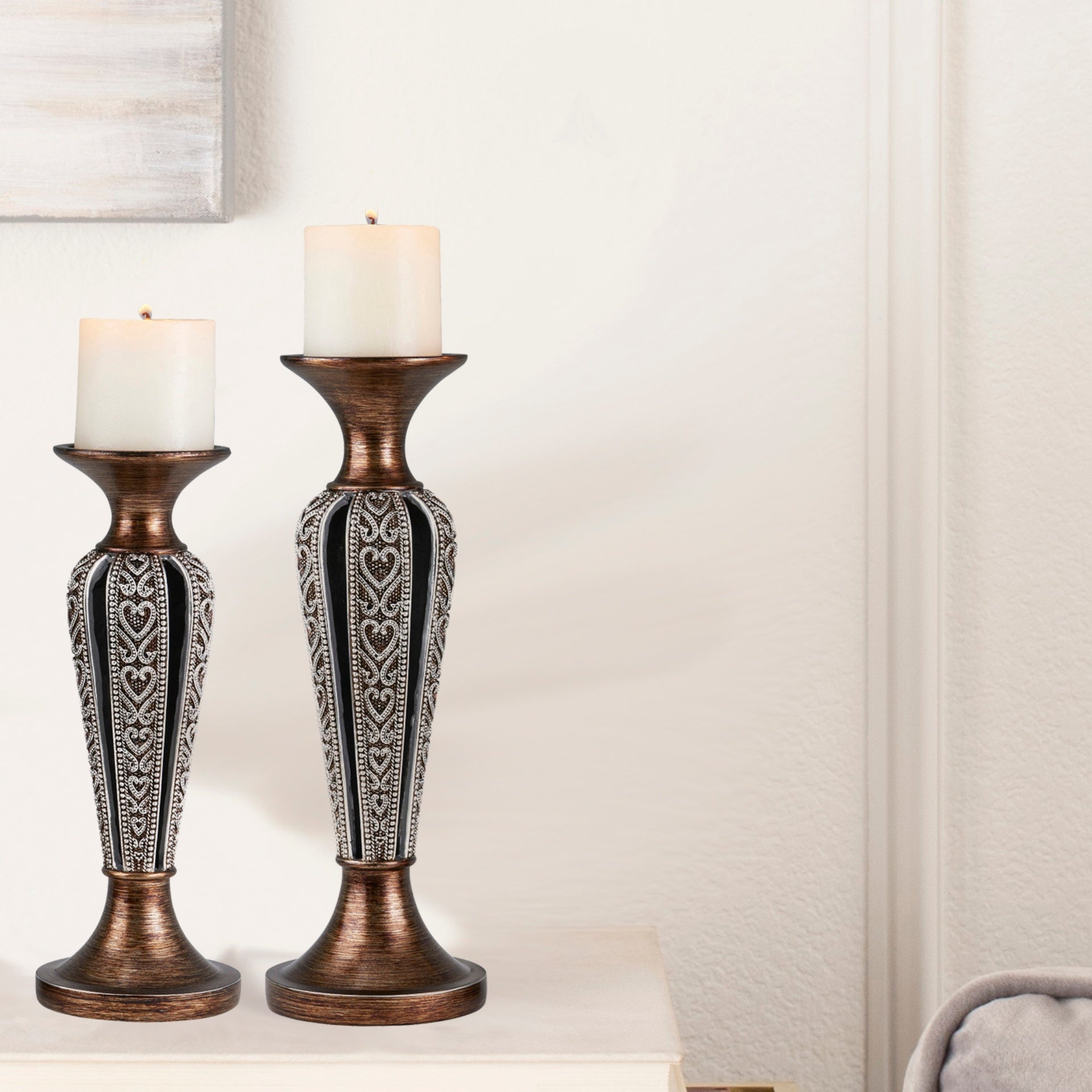 12" and 14" Tall "Everly" Candleholder, Bronze and Chrome finish (Set of 2)